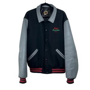 1990 Vintage Dehen Papa Murphys Black Gray Leather Wool Varsity Bomber Jacket XL